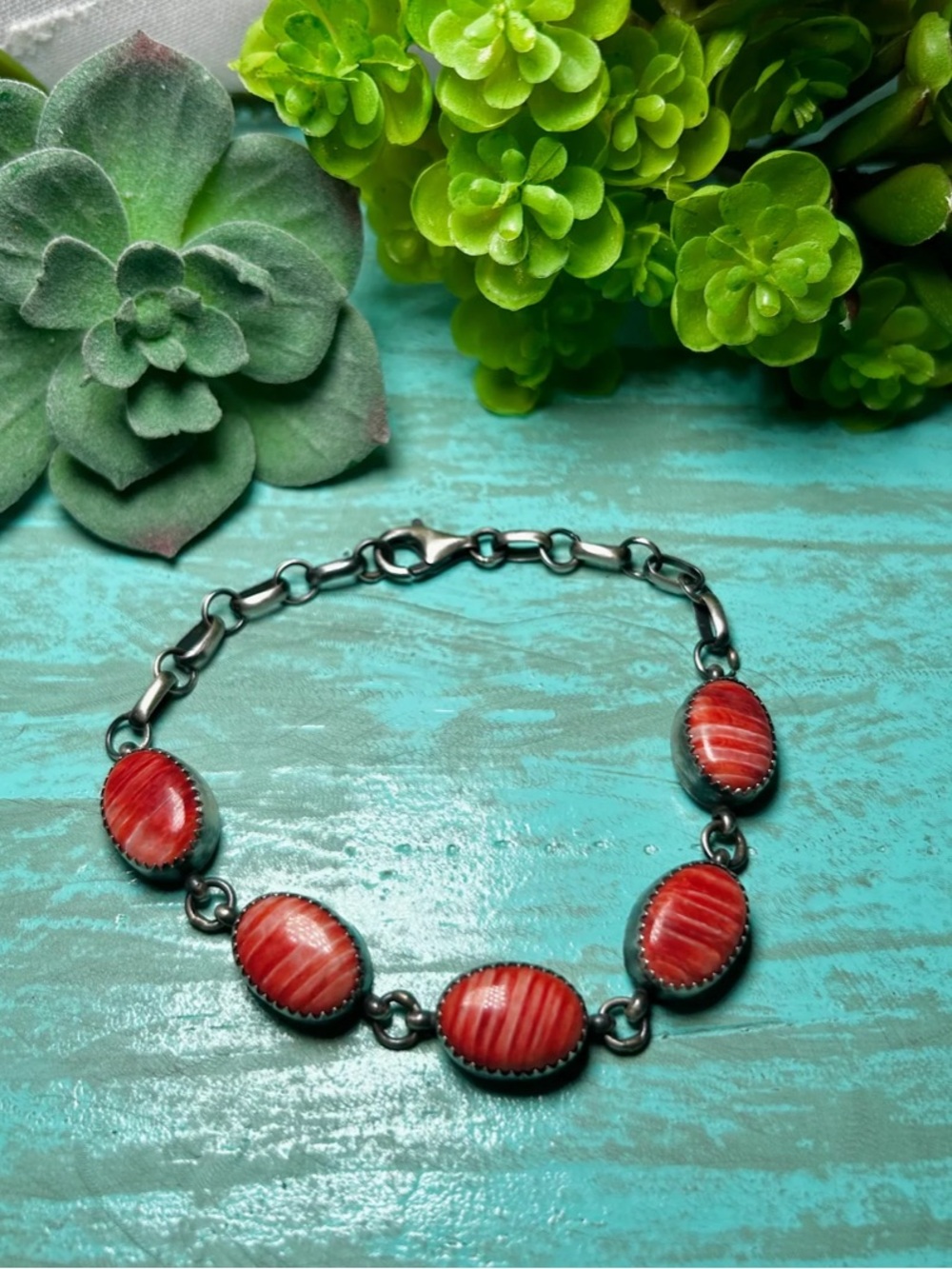 Navajo P Skeets Spiny Oyster & Sterling Silver Link Bracelet
